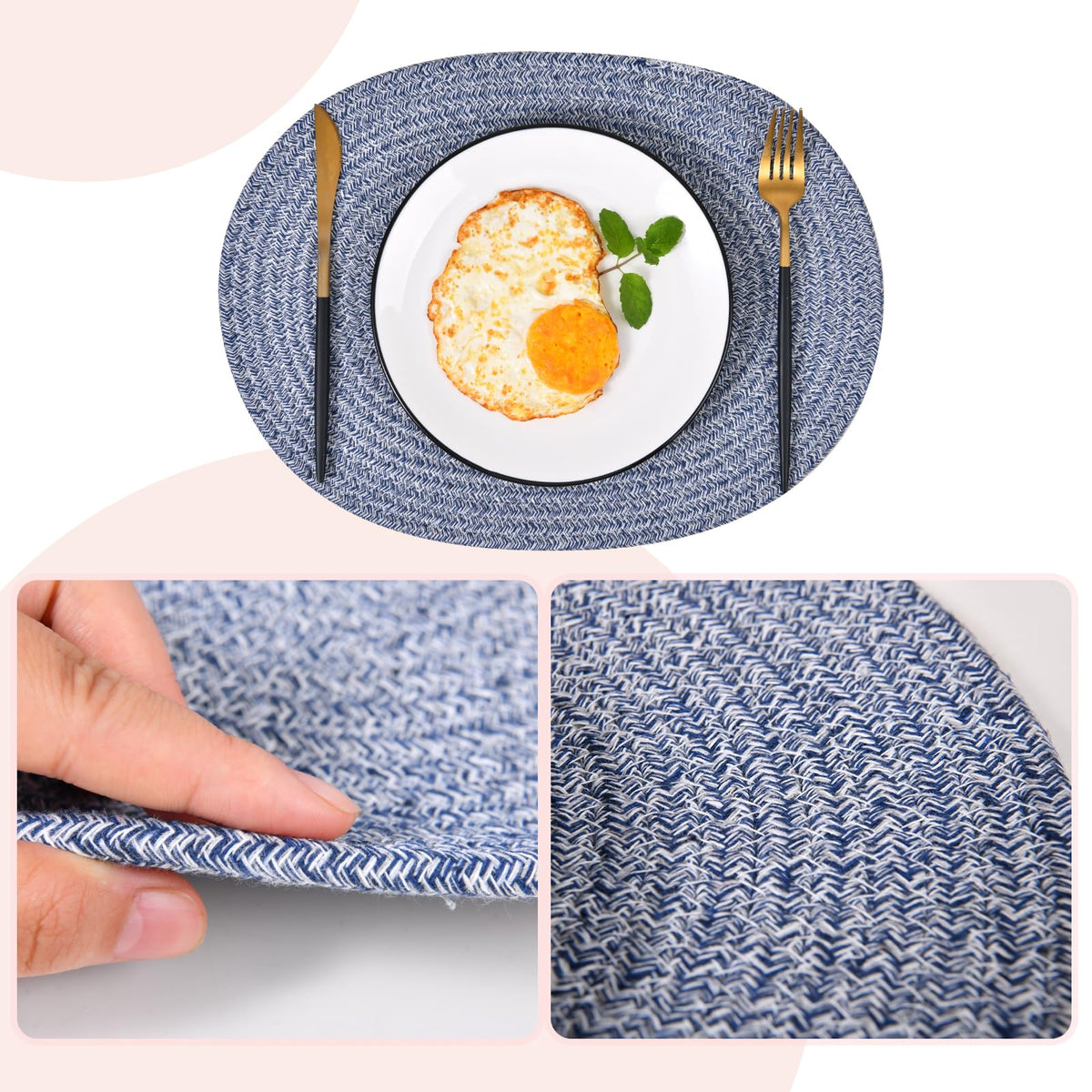6 Pack Woven Placemats, 12x16 inches Gray Oval Plate Charger Cotton Heat Resistant Non-Slip Weave Place mats Farmhouse Straw Braided Rattan Tablemats Wicker Placemats for Dining Table
