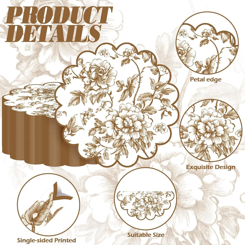 100 Pcs Fall Floral Paper Placemats 13.5 Inches Scalloped Brown Floral Paper Placemats Disposable Autumn Wildflower Place Mats for Wedding Bridal Baby Shower Thanksgiving Harvest Party Supplies