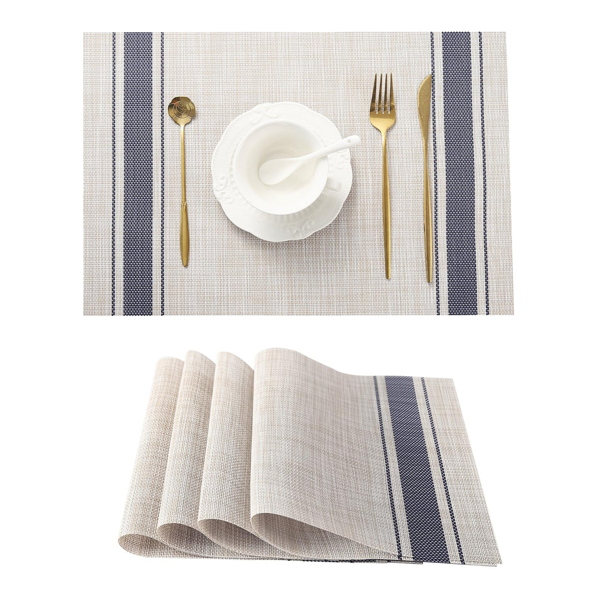 Beige White Placemats Set of 4 - Heat Resistant Non-Slip Place mats for Dining Table, Washable Durable PVC Vinyl Woven Table Mats(Beige White, 4)