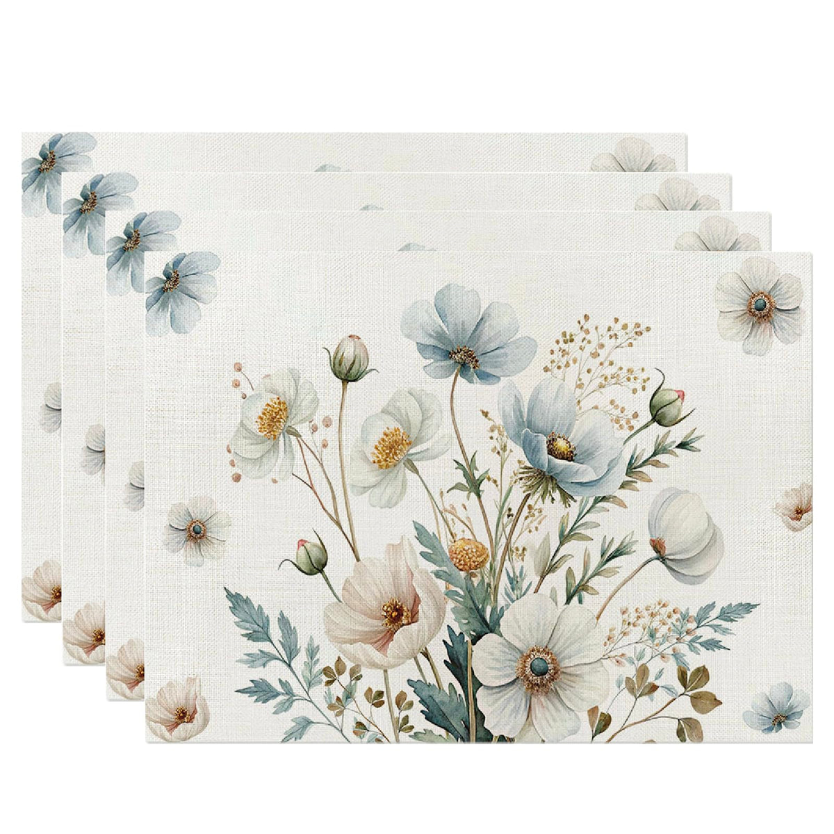Blue Leaves Watercolor Placemats Set of 4, 12x18 Inch Spring Summer Leaves Table Place Mats for Kitchen Dining Home Party Decor