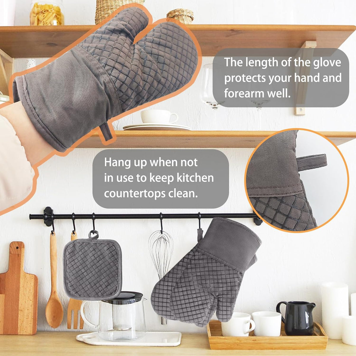 4 Pcs Oven Mitts and Pot Holders,High Heat 500°F Resistant Glove Potholder with Thick Cotton,Silicone Non-Slip Surface Long Kitchen Oven Glove for Cooking Baking Grilling(Grey)