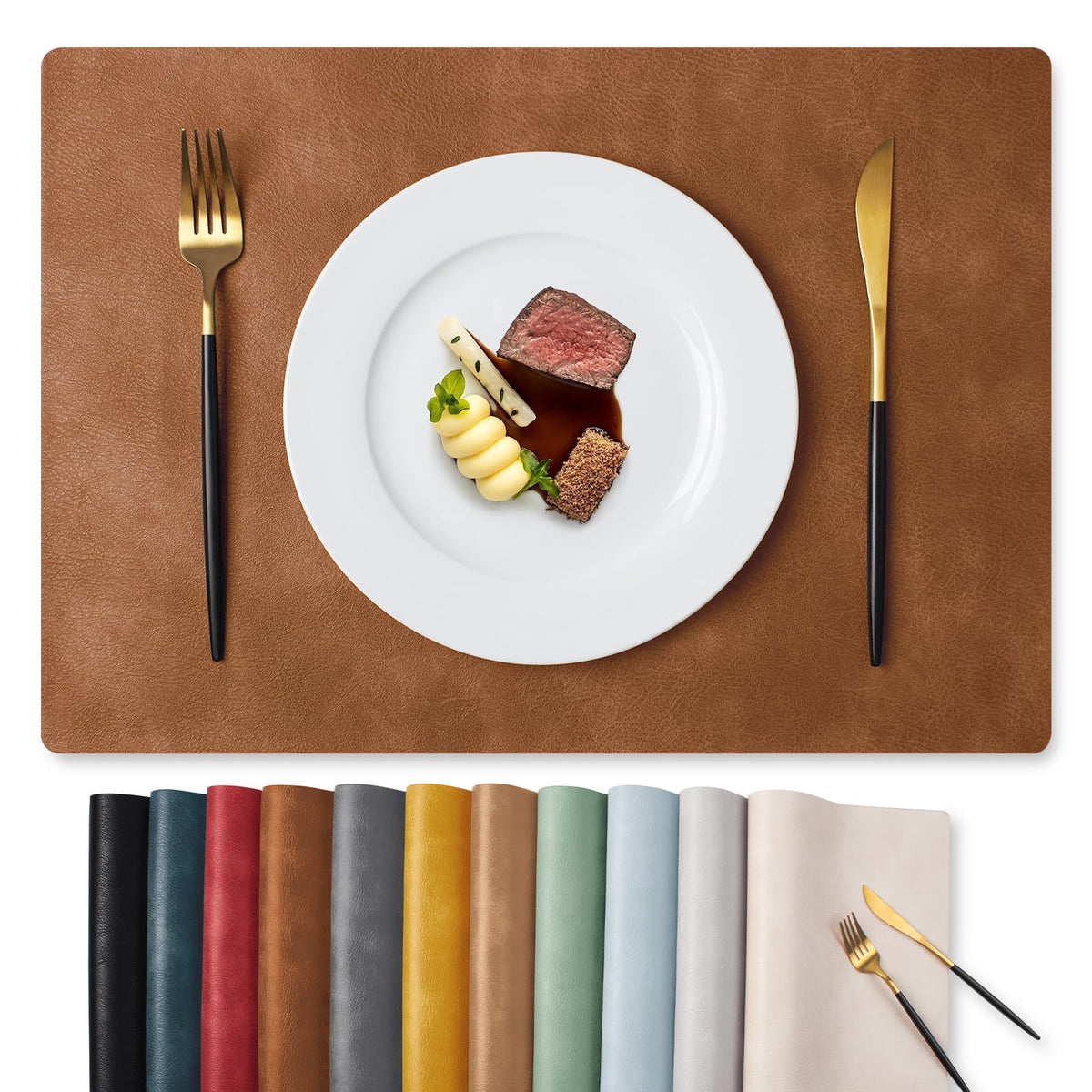 MOSAYT Vinyl Faux Leather Placemats, Set of 8, Reddish Brown
