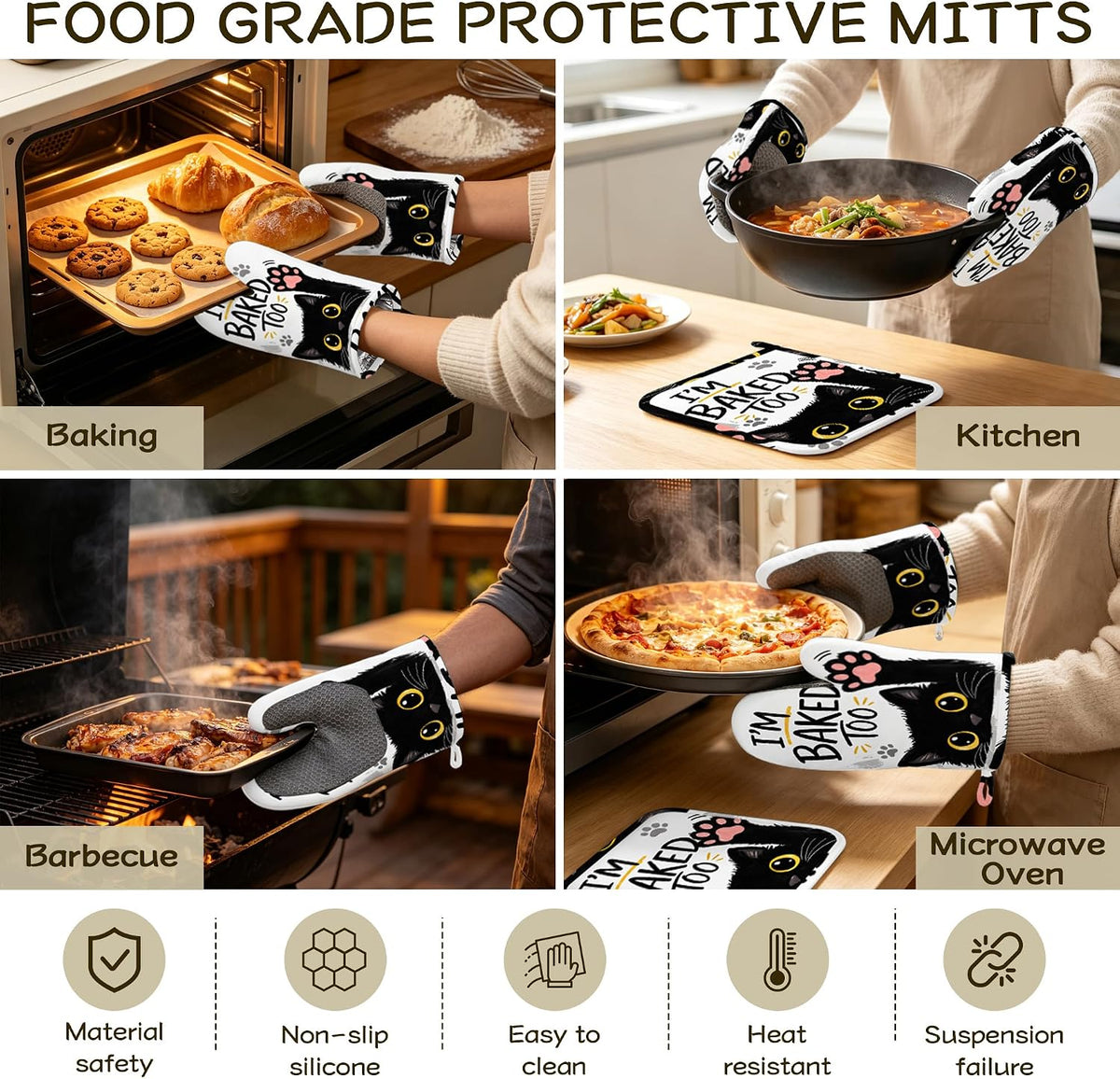 Funny Baker Black Cat Oven Mitts and Pot Holders Sets of 4 PCS, I’M Baked Too Oven Gloves Potholder for Kitchen Cooking Baking BBQ Heat Resistant