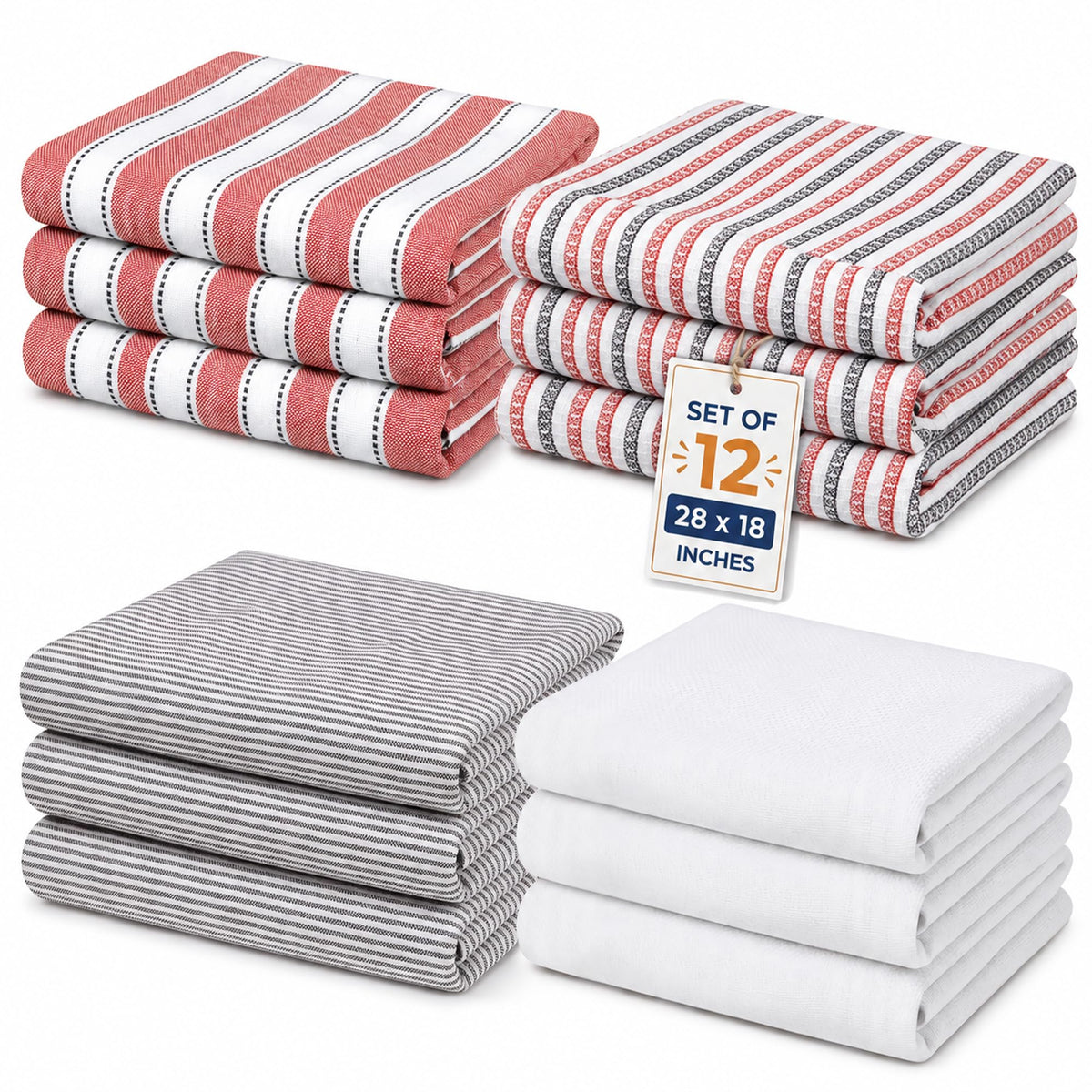 Pack of 6 Cotton Kitchen Towels Set, Dish Towels, Cleaning Rags, Kitchen Dish Cloths for Washing Dishes, Cotton Cleaning Cloths, Ultra Soft, Lightweight & Quick Dry, Flat Weave, 28"x18" (Olive & Gray)