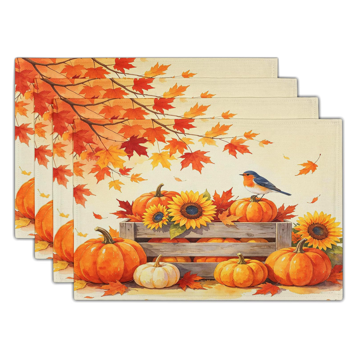 Fall Plaid Placemats Set of 4 Orange Navy Blue Buffalo Plaid Thanksgiving Themed Table Mats Farmhouse Place Mats Washable Linen Placemat for Party Kitchen Dining Decor 12x18 Inch