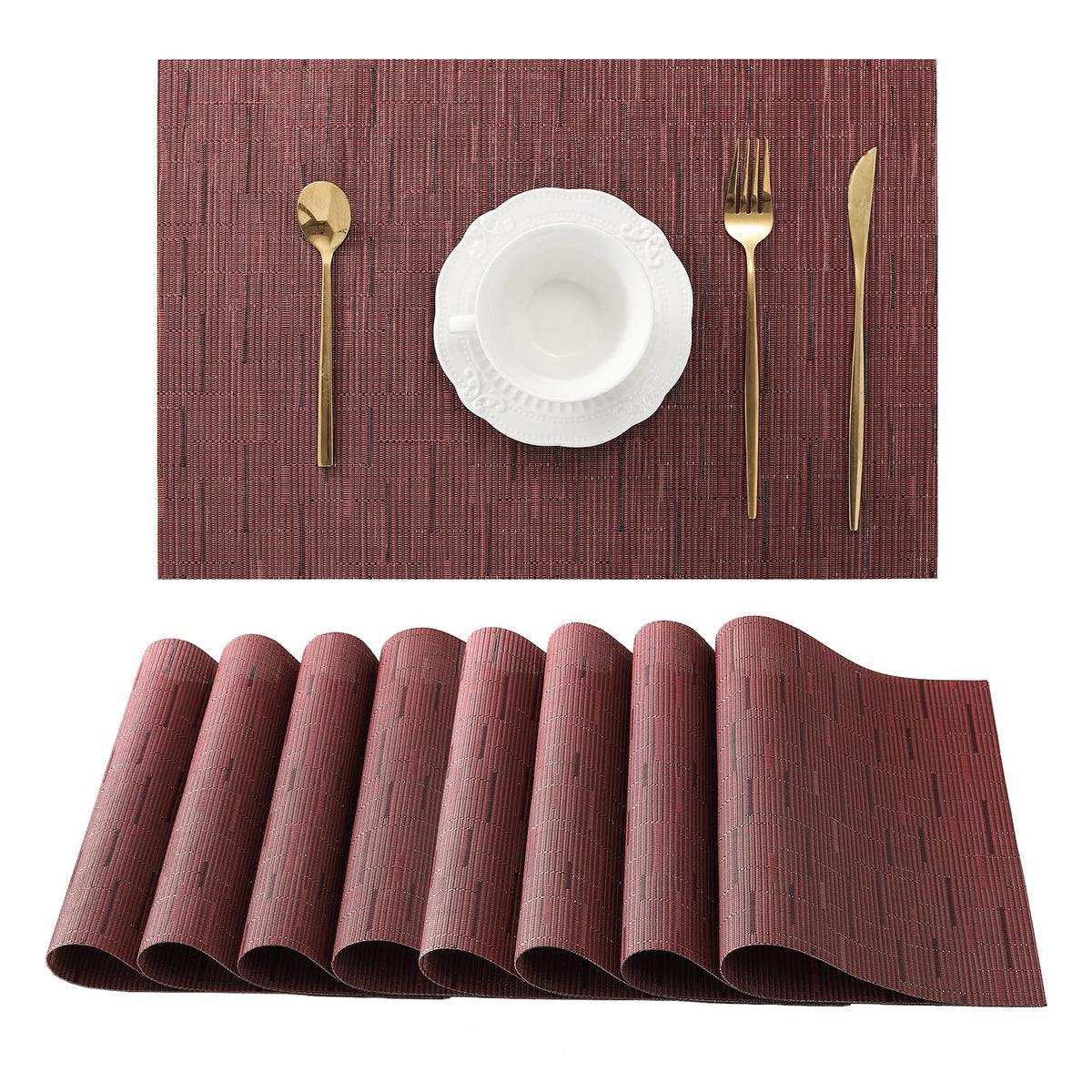 Beige Placemats Set of 6 - Heat-Resistant, Non-Slip Table Mats, Washable Woven Vinyl for Indoor & Outdoor Dining