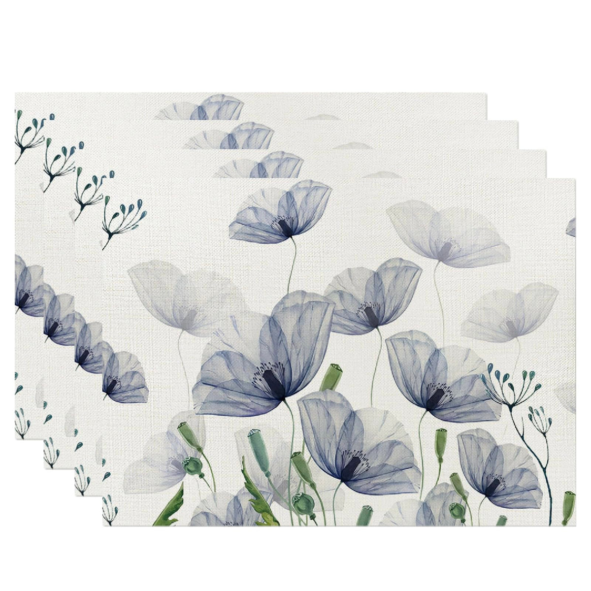 Blue Leaves Watercolor Placemats Set of 4, 12x18 Inch Spring Summer Leaves Table Place Mats for Kitchen Dining Home Party Decor
