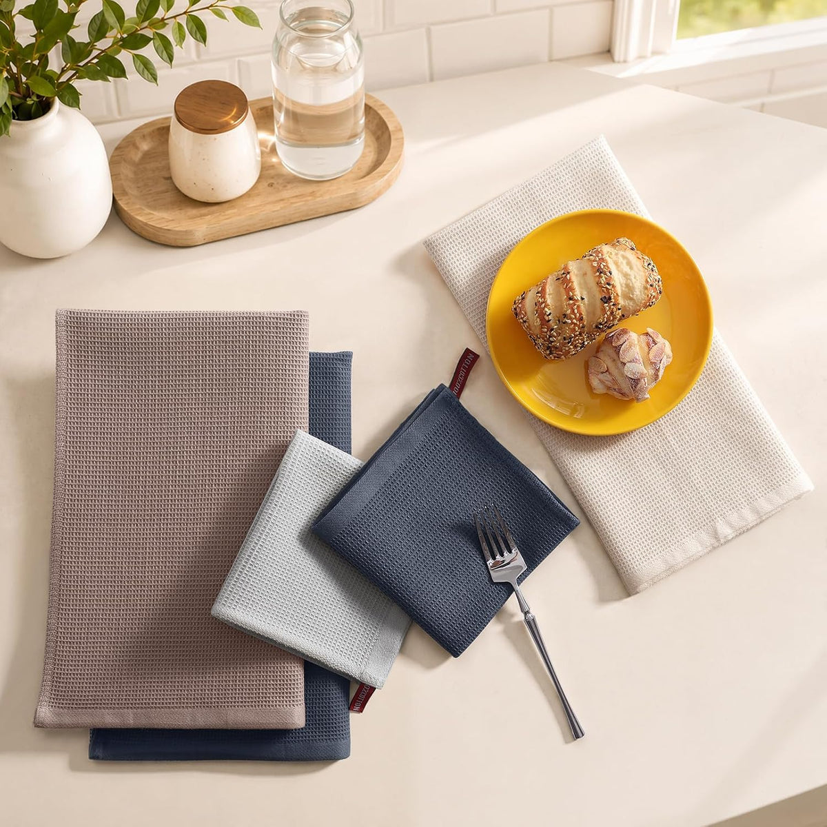 Homaxy 100% Cotton Kitchen Towels and Dishcloths Set - 8 Pack Waffle Weave Soft and Absorbent Dish Towels - 26 X 16 Inch and 12 X 12 Inch - Beige/Dark Grey/Brown/Light Grey