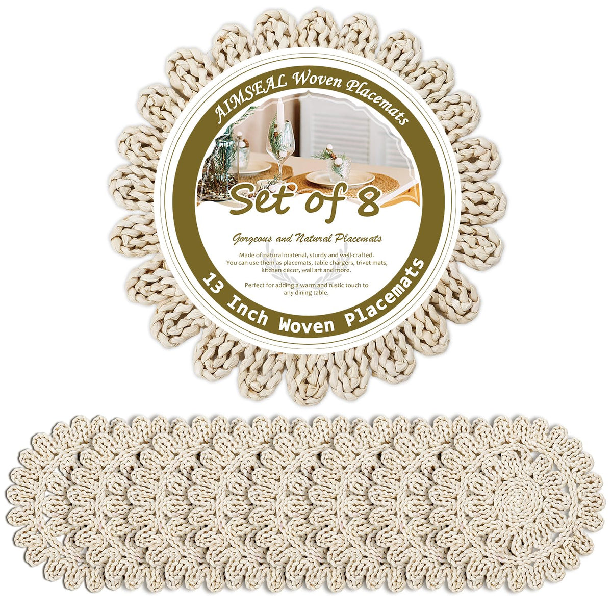 13" Round Placemats Set of 12, Rattan Place Mats for Dining Table Decor, Rustic Woven Wicker Chargers for Dinner Plates, Outdoor Patio, Farmhouse Wedding, Boho Water Hyacinth Braided Placemat