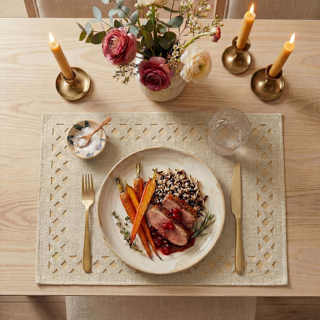 Artoid Mode Farmhouse Placemats Set of 6, Linen Textured Lattice Cutwork Fall Place Mats for Kitchen Dining Table Decor and Outdoor Party, 12 x 18 Inchs, Light Brown