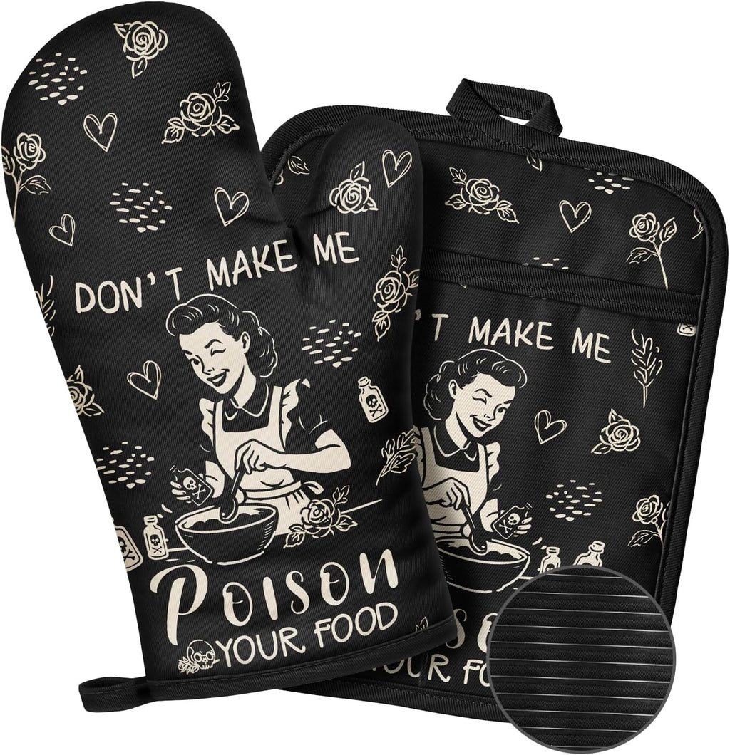 Slohif Funny Oven Mitts and Pot Holder for Women - Heat Resistant Black Cute Novelty Kitchen Oven Mittens 100% Cotton, Non-Slip Silicone Surface Pot Holder for Baking and Cooking Accessories
