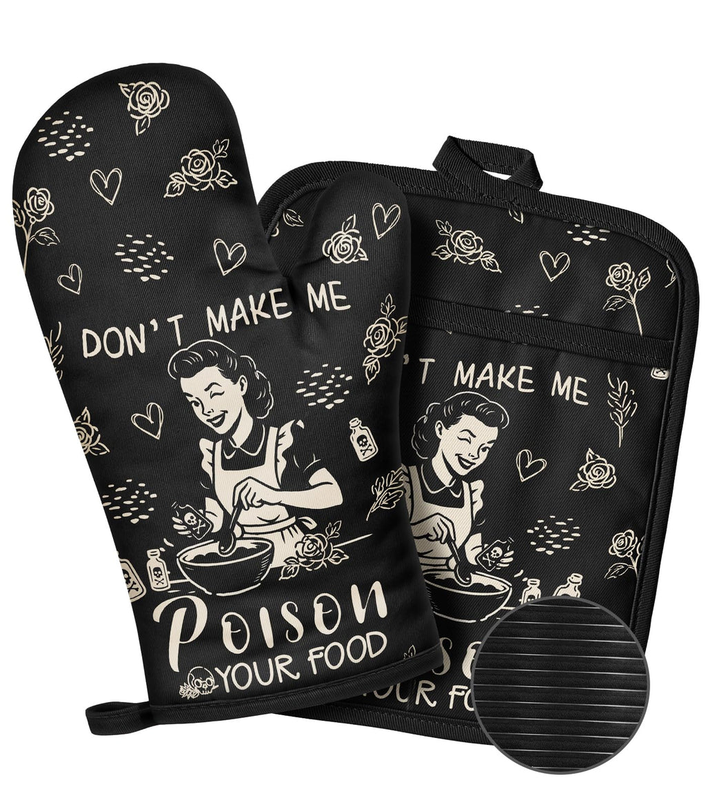 Slohif Funny Oven Mitts and Pot Holder for Women - Heat Resistant Black Cute Novelty Kitchen Oven Mittens 100% Cotton, Non-Slip Silicone Surface Pot Holder for Baking and Cooking Accessories
