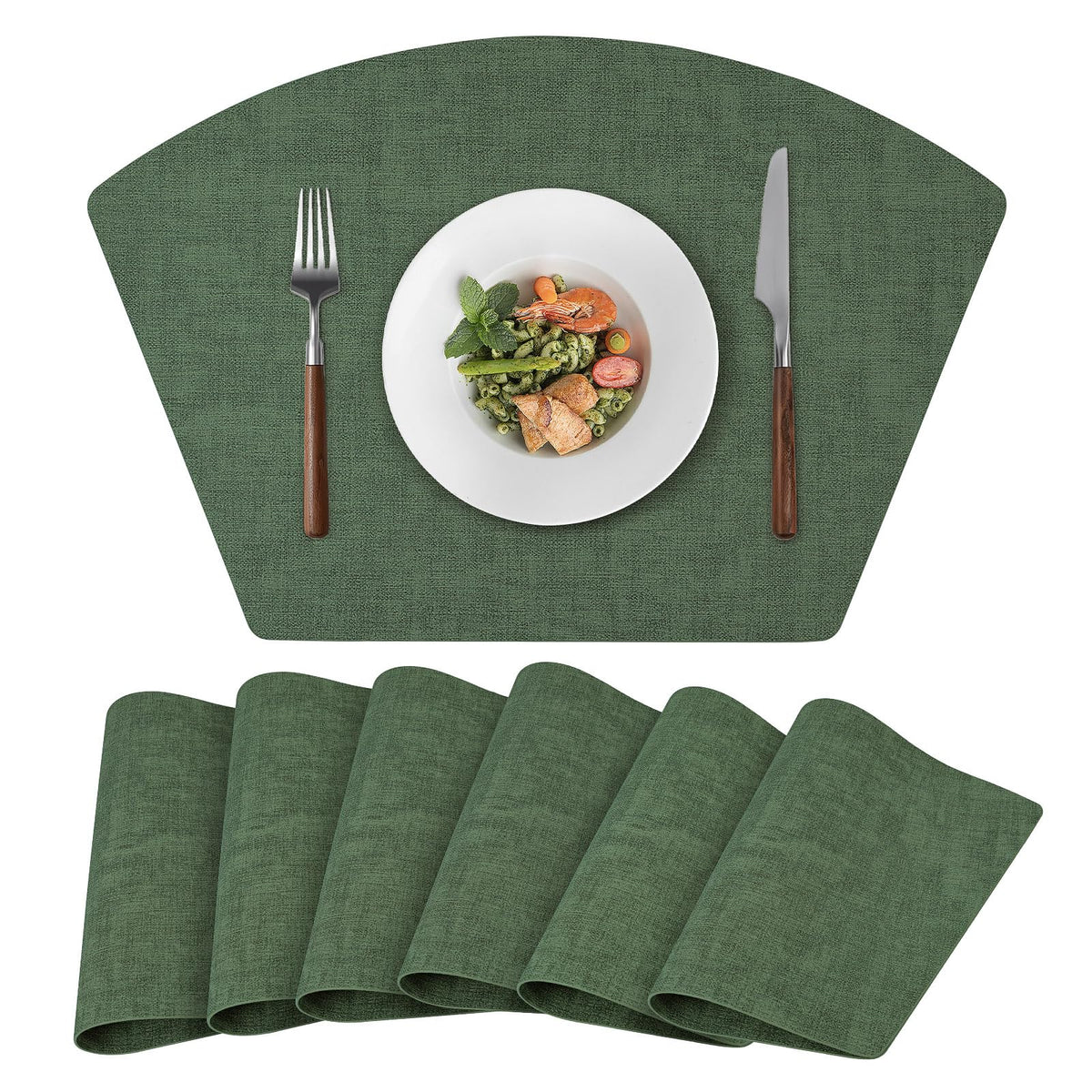 Round Table Placemats Set of 4, Faux Leather Wedge Shape Place Mats Heat Resistant Wipeable Washable Table Mats for Dining Outdoor Indoor, Green