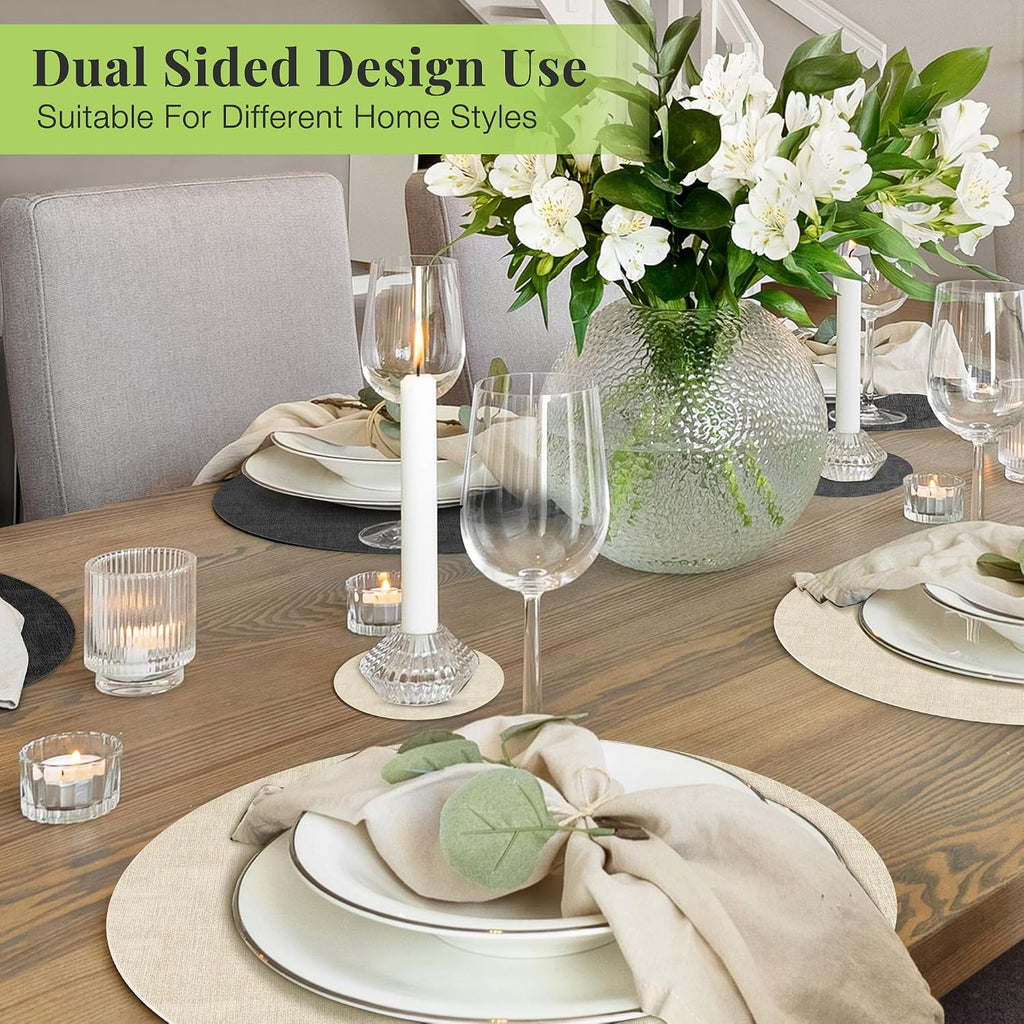 Fyvva Placemats Set of 4, 13" Round Reversible Faux Leather with Coasters