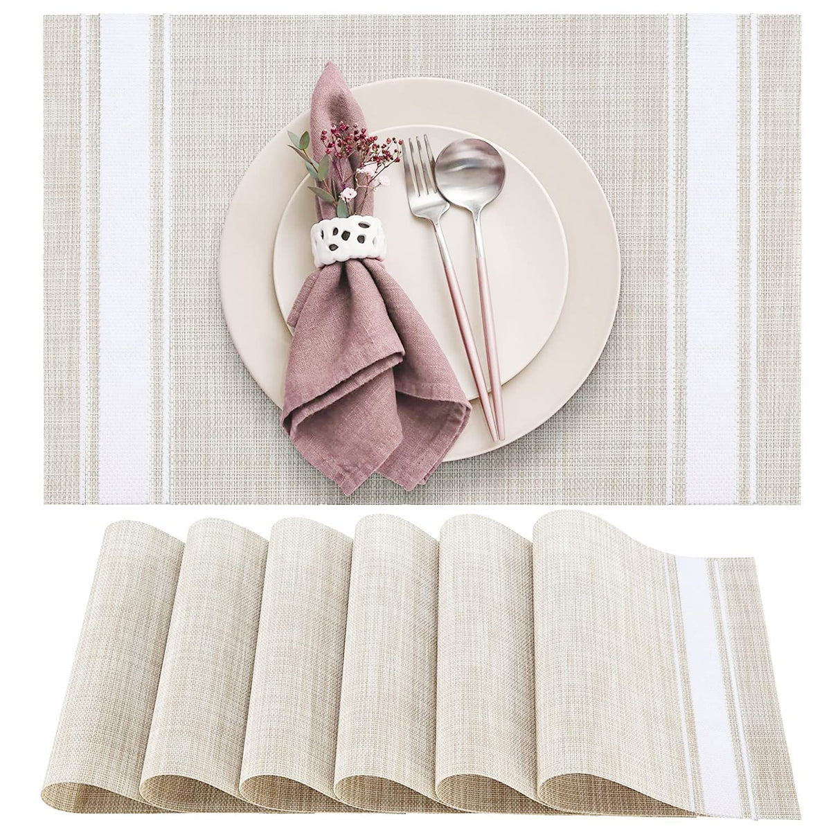 DACHUI Placemats Set of 6, Linen Look Woven Place Mats (Beige)