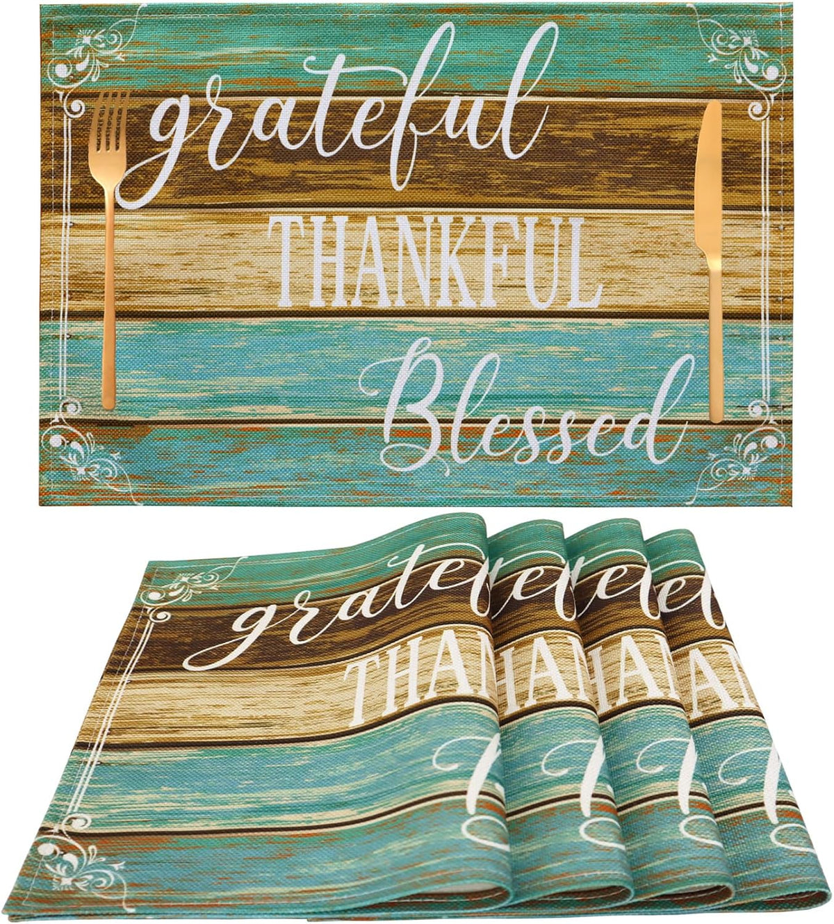 Farmhouse Teal Placemats Set of 4 Thankful Blessed Table Mats
