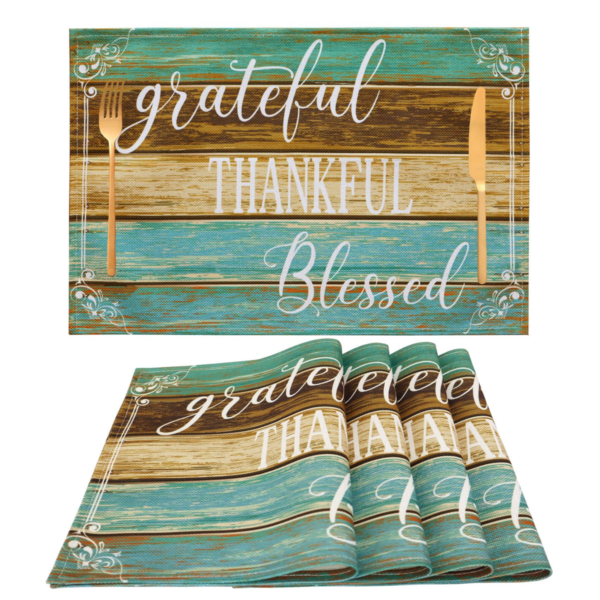 Farmhouse Teal Placemats Set of 4 Thankful Blessed Table Mats