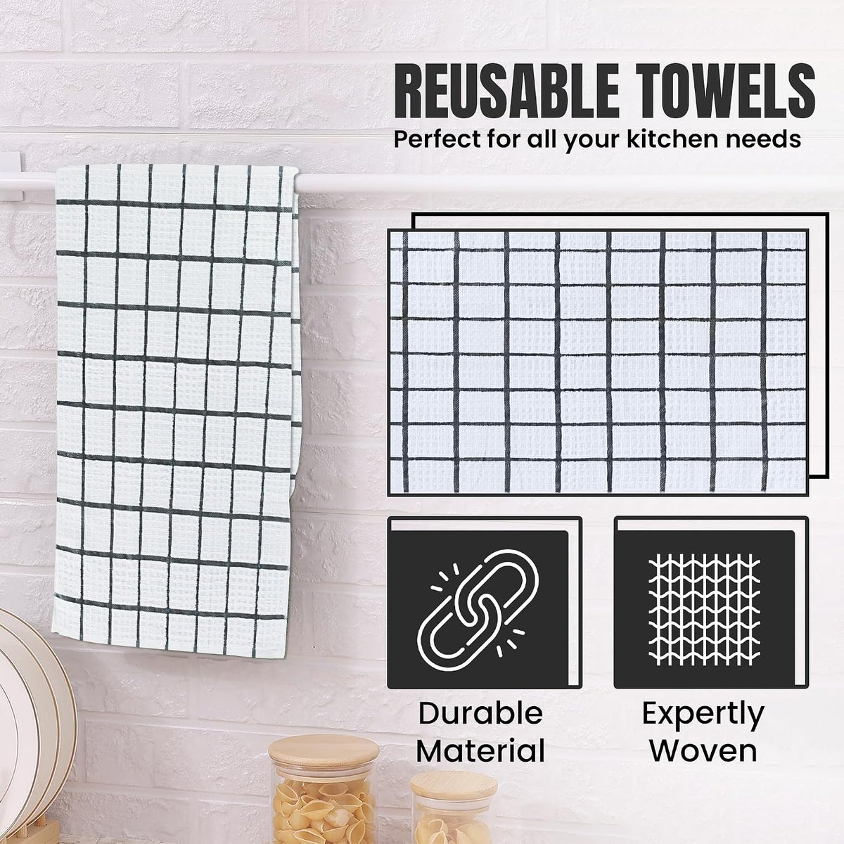 DecorRack Waffle Weave Kitchen Towels 15x25 in, Plaid, Gray (4 Pack)