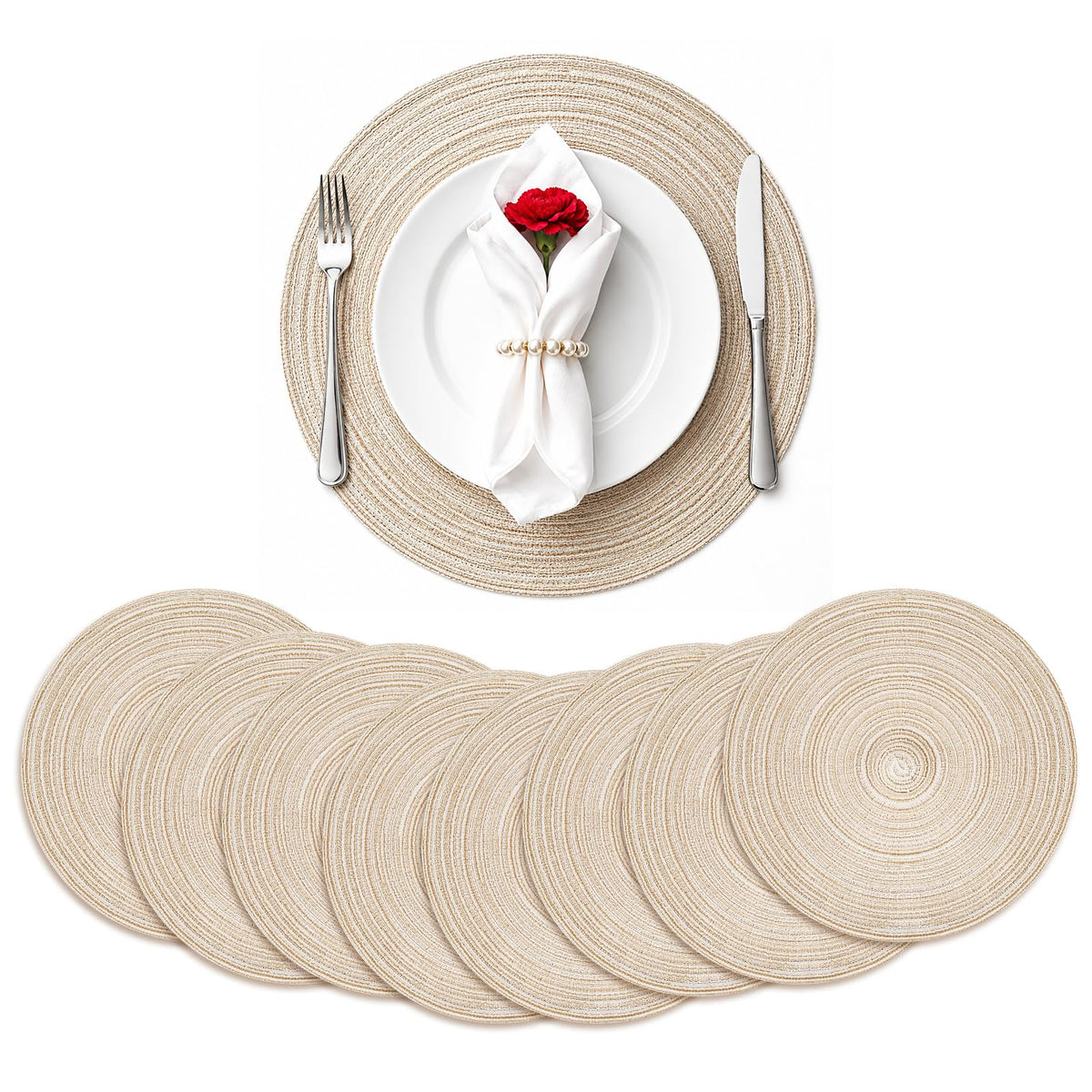 TaroKitc Round Placemats Set of 4, 15 inch, Beige, Cotton Polyester