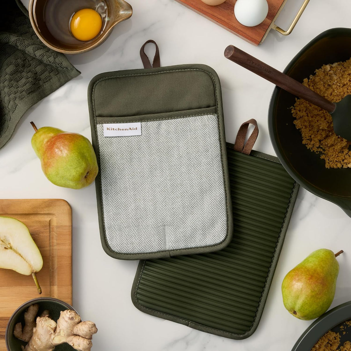 KITCHENAID® Evergreen Design Series Herringbone Ribbed Soft Silicone Pot Holders 2-Pack Set, Heat Resistant up to 500°F, Flexible & Waterproof, Deep Forest Green, 7"x10"