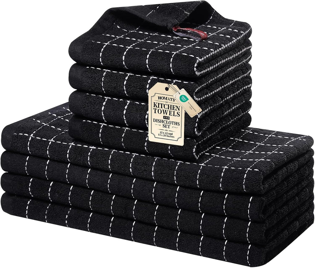 Homaxy Cotton Terry Kitchen Towels and Dishcloths Set of 8, Black