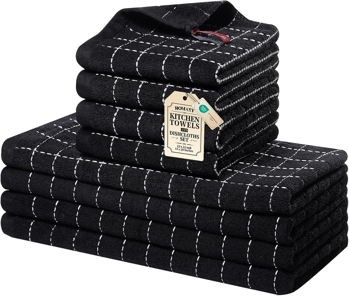 Homaxy Cotton Terry Kitchen Towels and Dishcloths Set of 8, Black