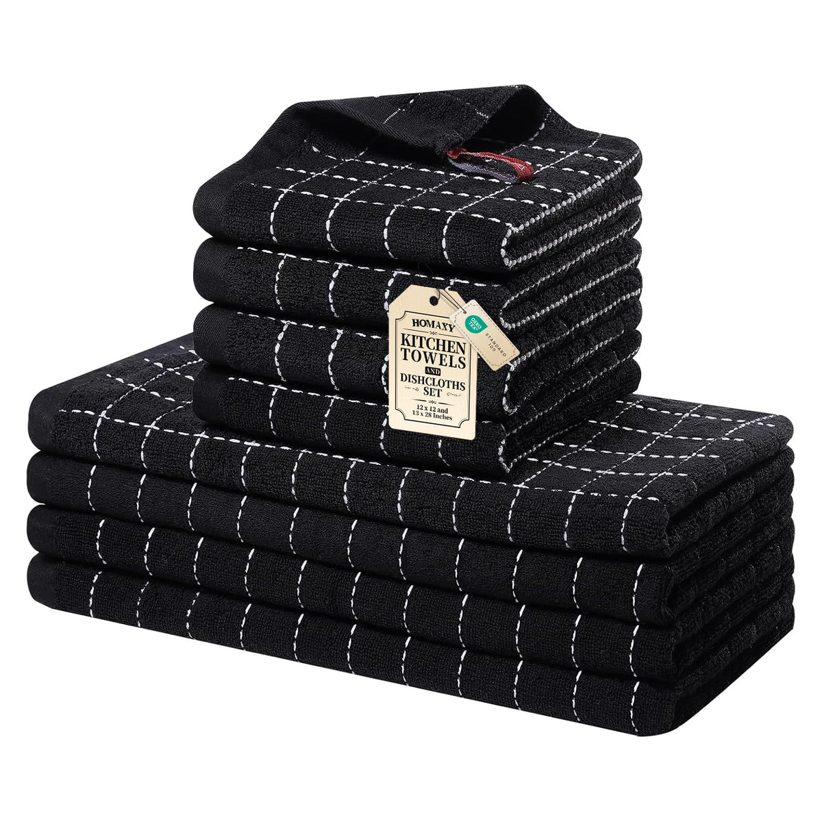 Homaxy Cotton Terry Kitchen Towels and Dishcloths Set of 8, Black