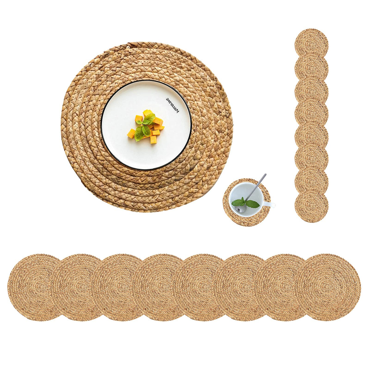 Woven Placemats Round Placemats Set of 6, 13.5 Inch Wicker Placemat Circle Rattan Placemats Farmhouse Boho Braided Natural Water Hyacinth Place Mats for Indoor & Outdoor Table Decor