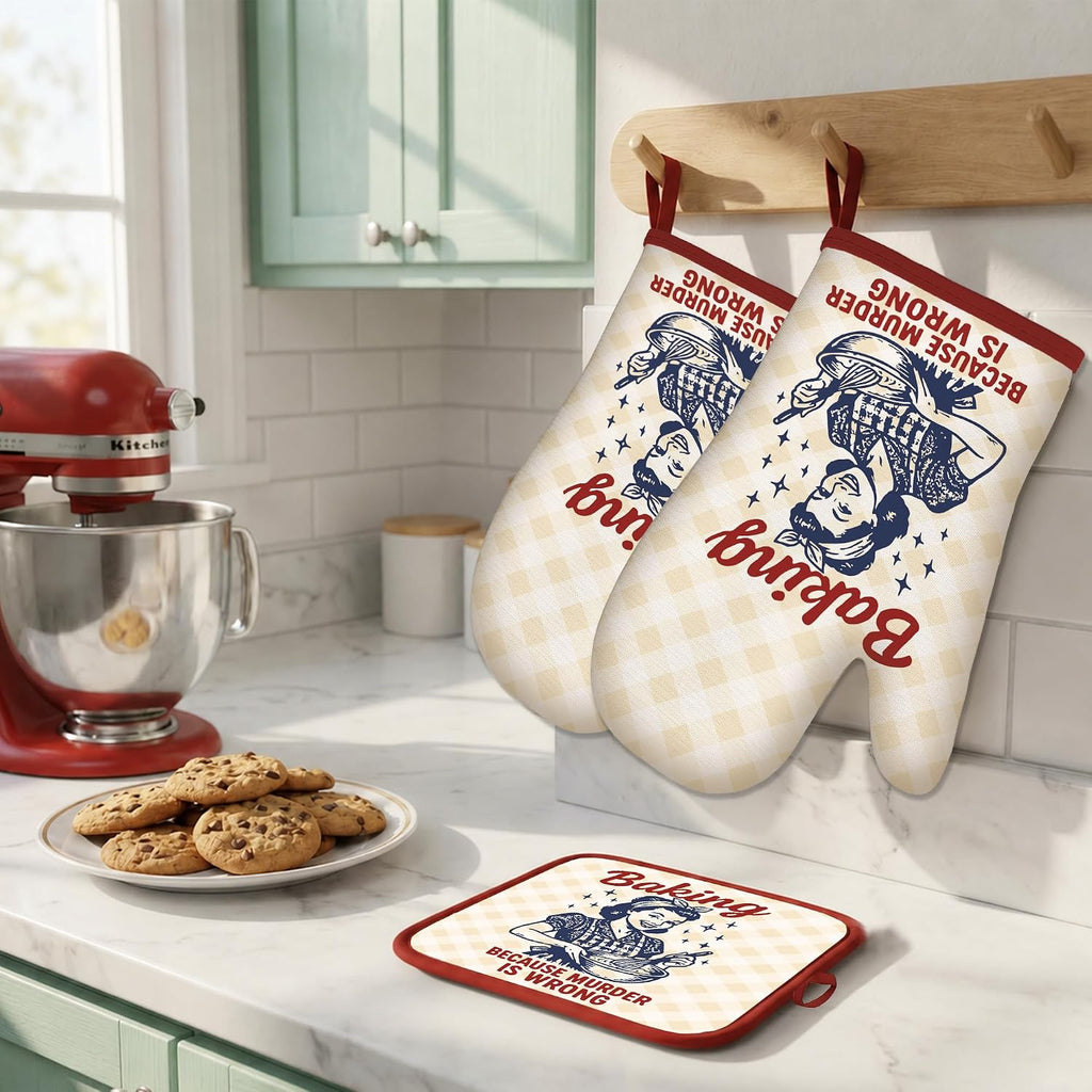 Funny Oven Mitts and Pot Holders Set, Baking Because Murder Cooking Mitts