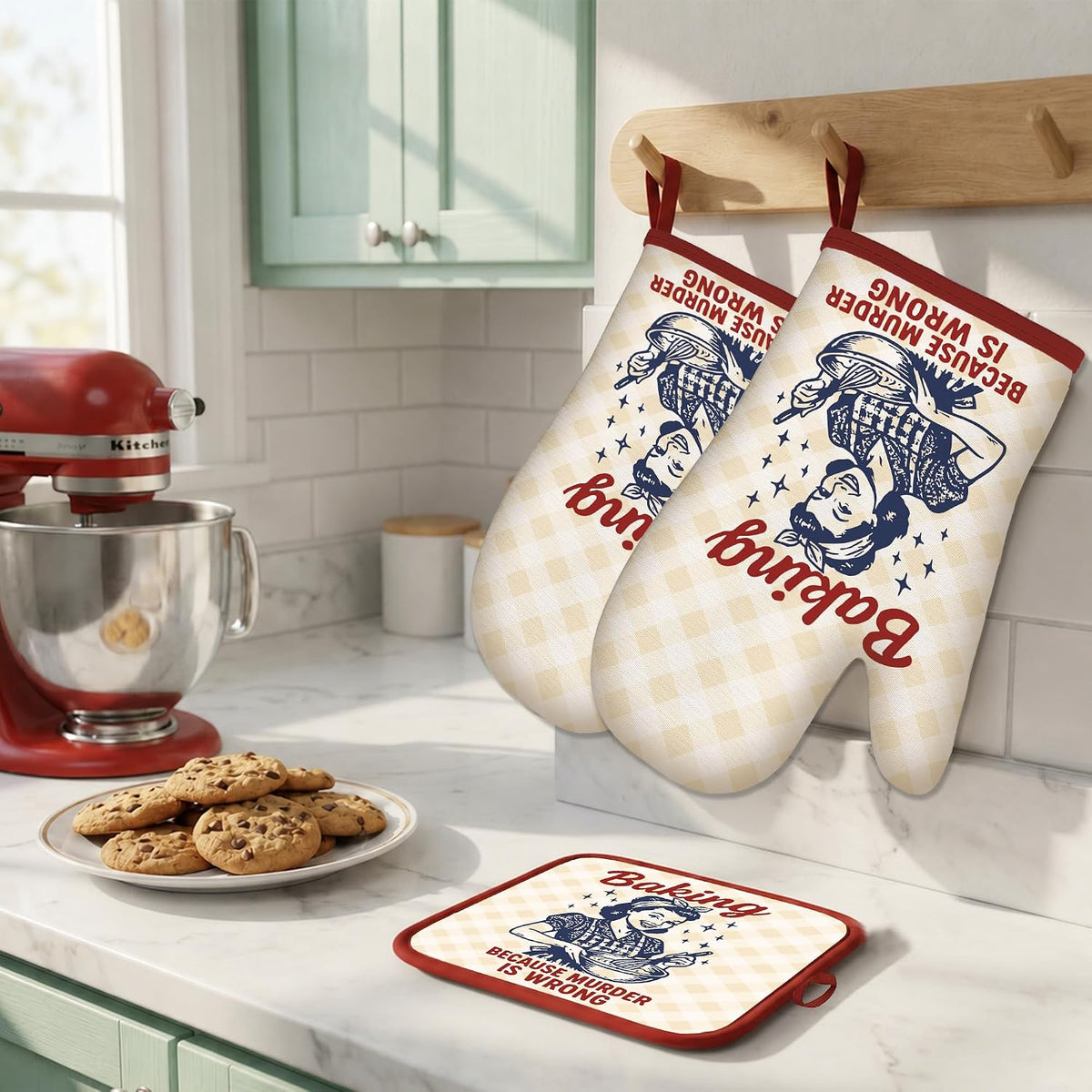Funny Oven Mitts and Pot Holders Set, Baking Because Murder Cooking Mitts