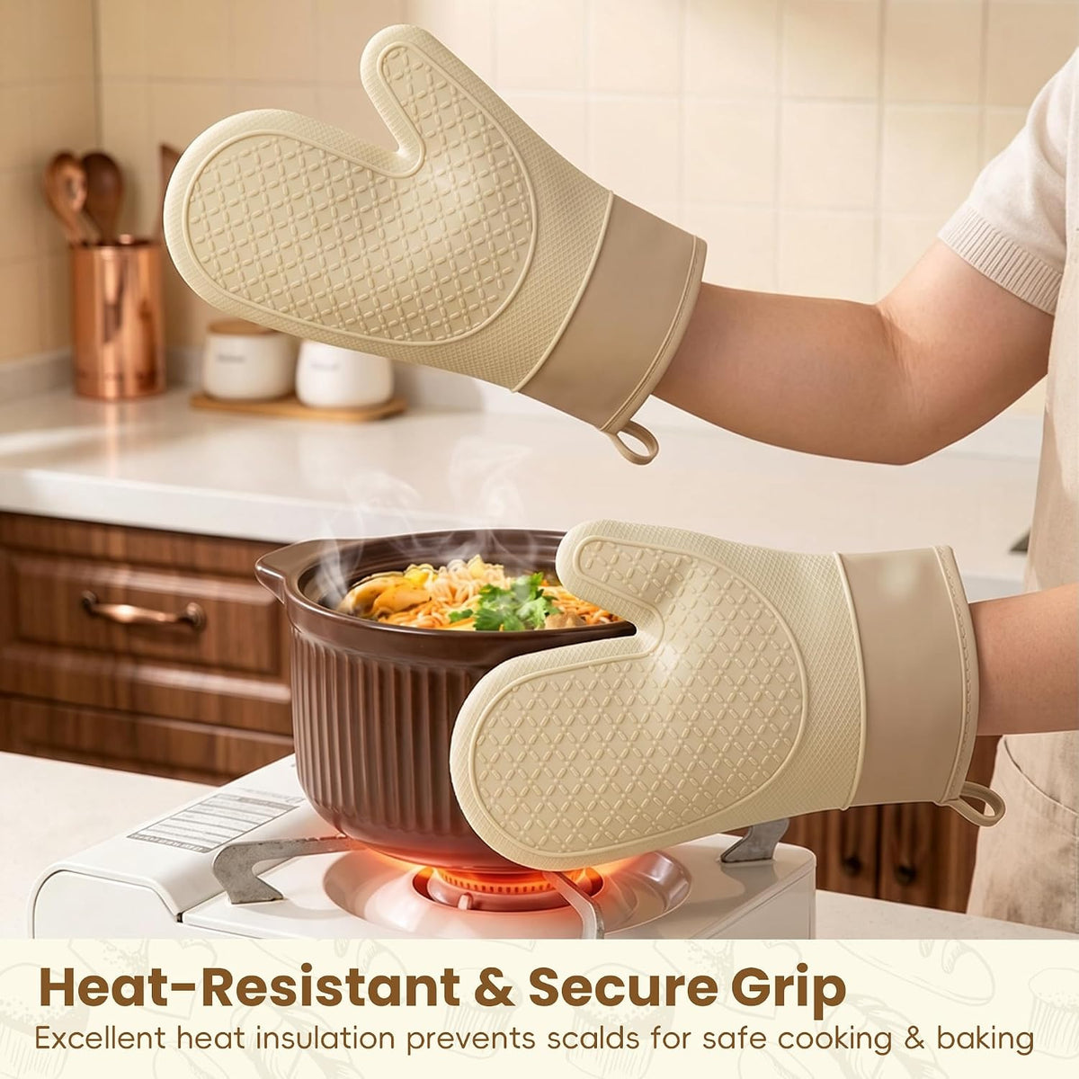 Silicone Oven Mitts,Heat Resistant, Oven Gloves with Soft Lining,Universal Fit Heat Resistant Kitchen Gloves for Baking, BBQ, Cooking and Grilling (Khaki)