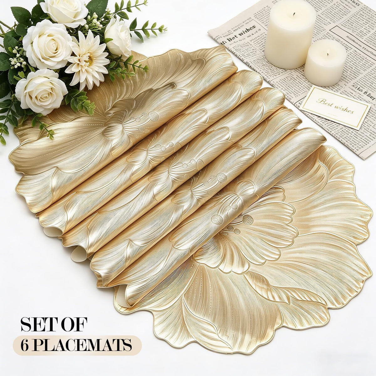 Quantum Love Camellia Gold Round Placemats Set of 6, 15 Inch PVC 3D Metallic Flower Table Mats, Wipeable Waterproof Non Slip Heat Resistant Placemats for Wedding Party Christmas Dining Table Decor