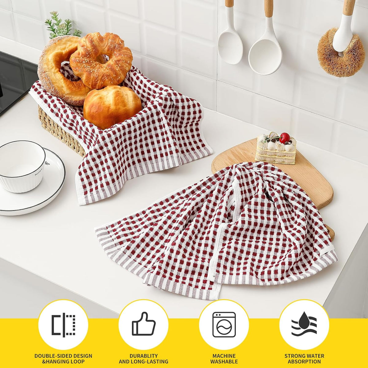 SALAS Cotton Dish Towels Cloths for Kitchen Drying Dishes, Lattice Terry Kitchen Towels, Absorbent Cloths with Hanging Loop, 16‘’ x 26‘’, 4 Packs, Wine Red and Black