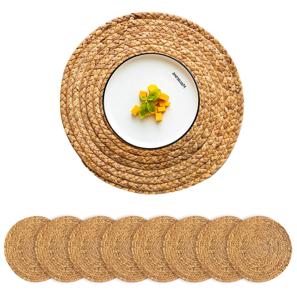 Woven Placemats Round Placemats Set of 6, 13.5 Inch Wicker Placemat Circle Rattan Placemats Farmhouse Boho Braided Natural Water Hyacinth Place Mats for Indoor & Outdoor Table Decor