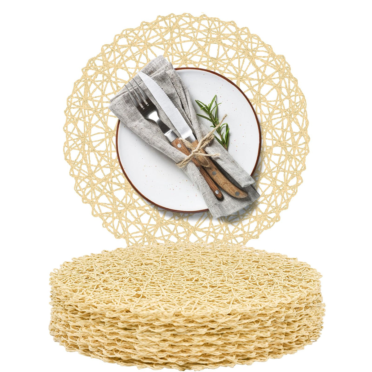 AHHFSMEI Paper Braided Round Placemats Set of 8 Natural Non-Slip Heat Resistant Table Mats for Dining Tables Woven Indoor & Outdoor Place mats(Coffee,8)