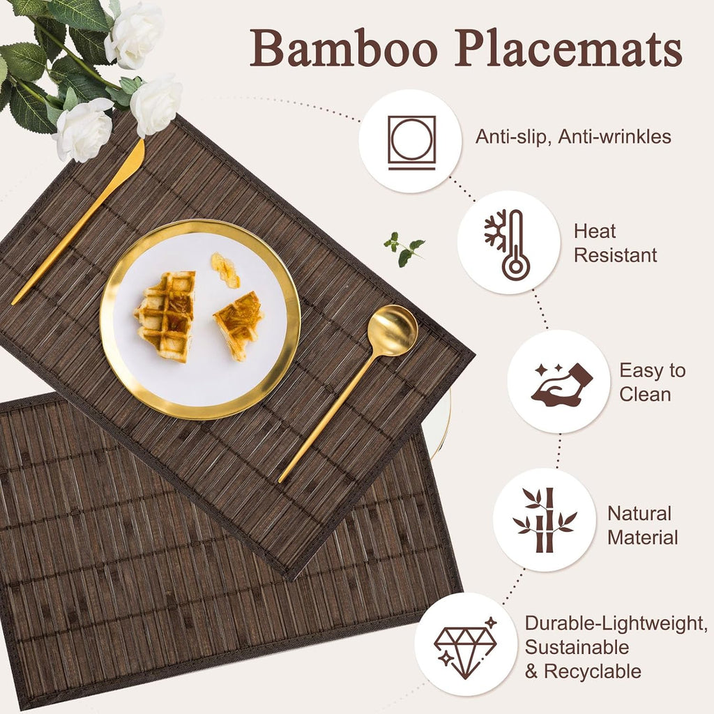 Bamboo Placemats Set of 4 with Fabric Border, Table Mats, Coffee