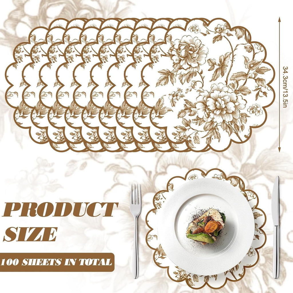 100 Pcs Fall Floral Paper Placemats 13.5 Inches Scalloped Brown Floral Paper Placemats Disposable Autumn Wildflower Place Mats for Wedding Bridal Baby Shower Thanksgiving Harvest Party Supplies