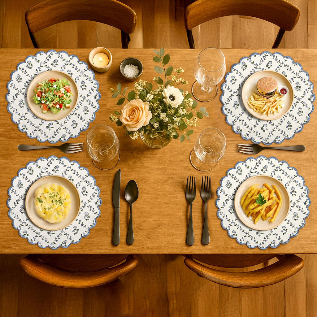 Ridhi Floral Block Print Round Placemats 15" in, Set of 4, Powder Blue