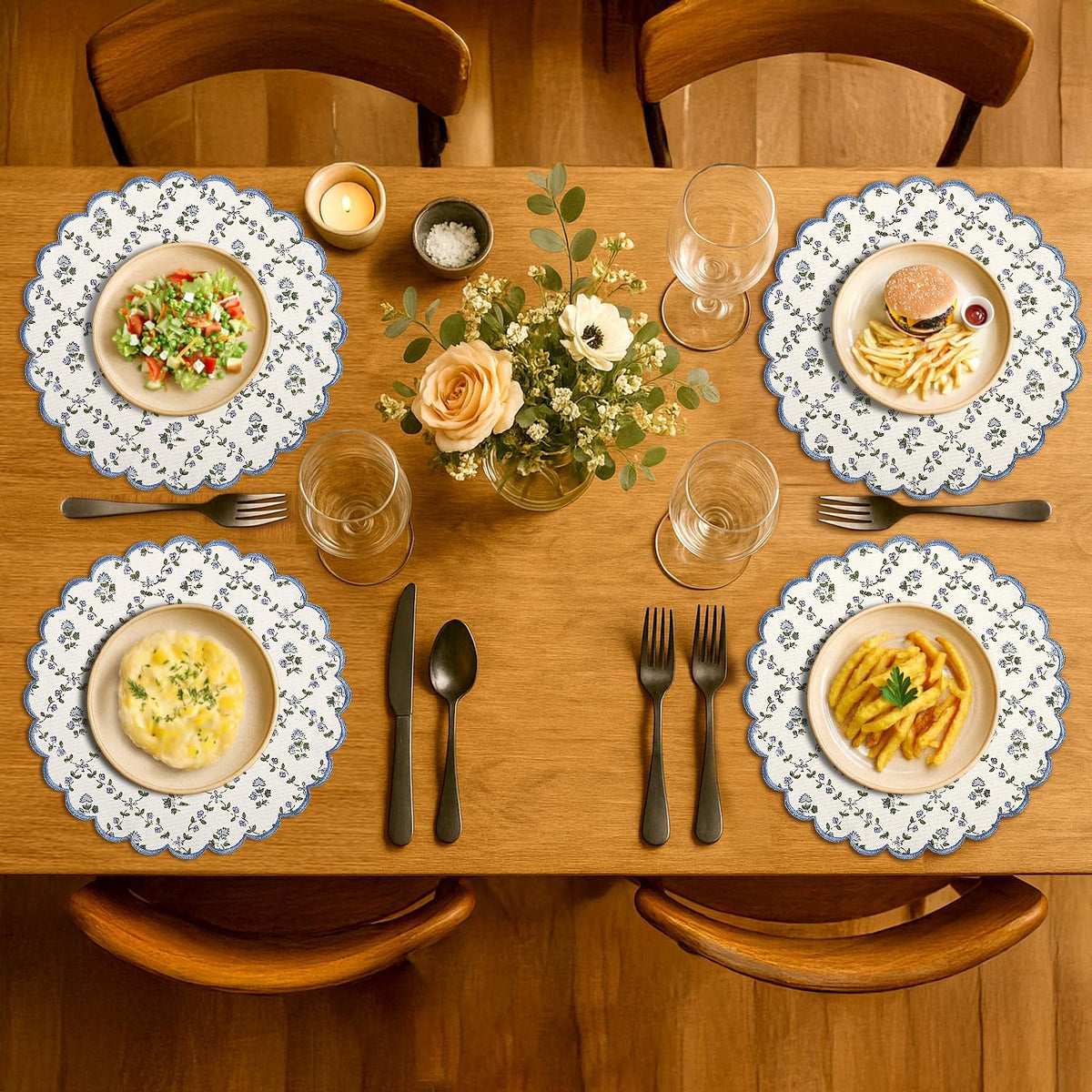 Ridhi Floral Block Print Round Placemats 15" in, Set of 4, Powder Blue