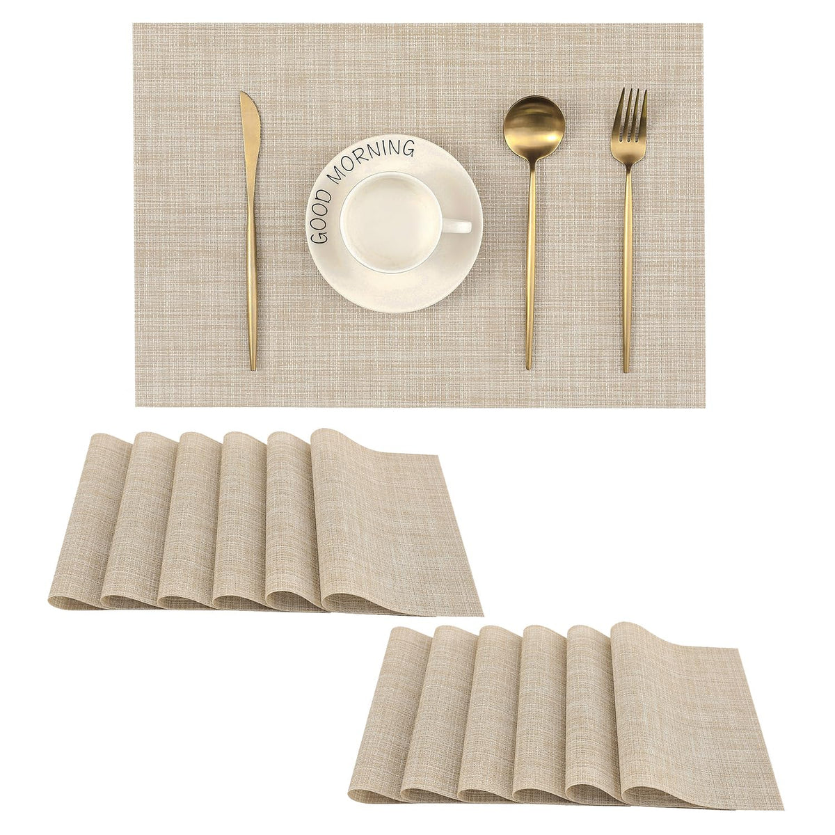 Beige Placemats Set of 6 - Heat-Resistant, Non-Slip Table Mats, Washable Woven Vinyl for Indoor & Outdoor Dining