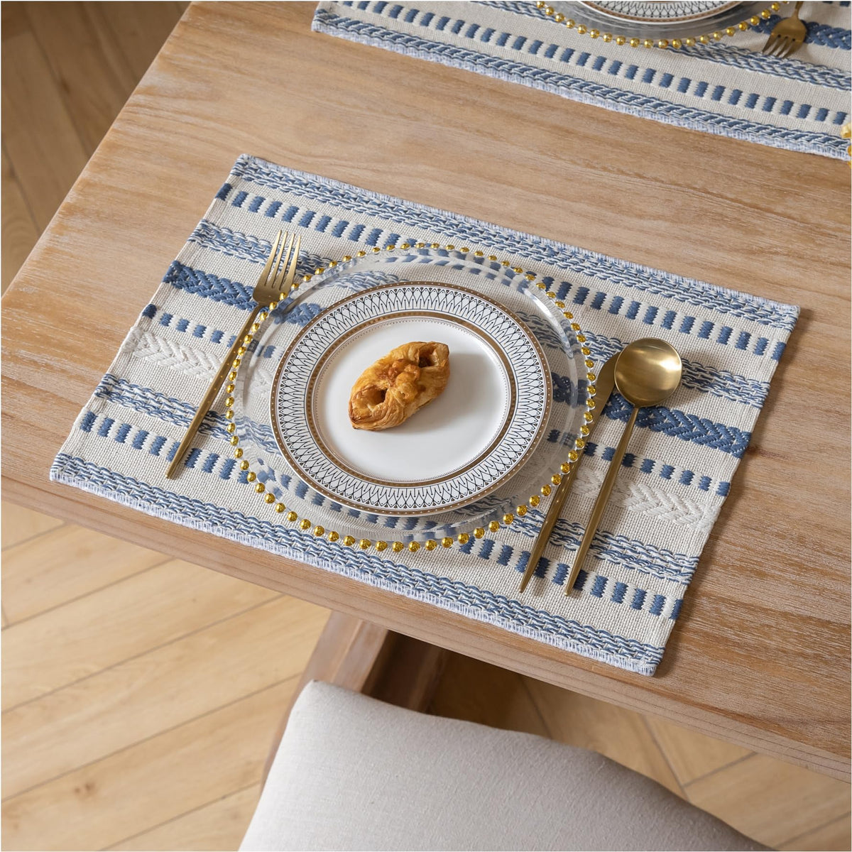 Caflife Boho Placemats Set of 4, Blue Beige Cotton Linen Woven Place Mats