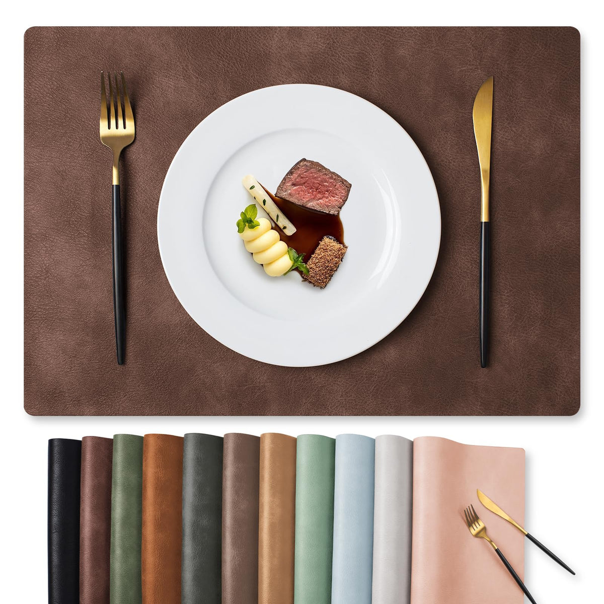 MOSAYT Vinyl Faux Leather Placemats, Set of 8, Reddish Brown