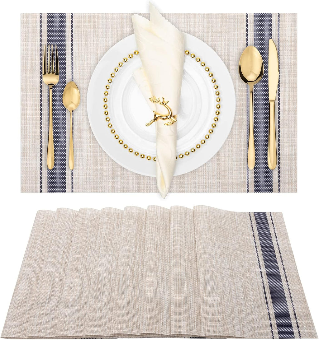 Winknowl Placemats Set of 8, Heat Resistant Non-Slip Vinyl Woven Table Mats for Dining Table, Washable Durable Elegant Place Mats for Kitchen Indoor/Outdoor Use (Beige Blue)