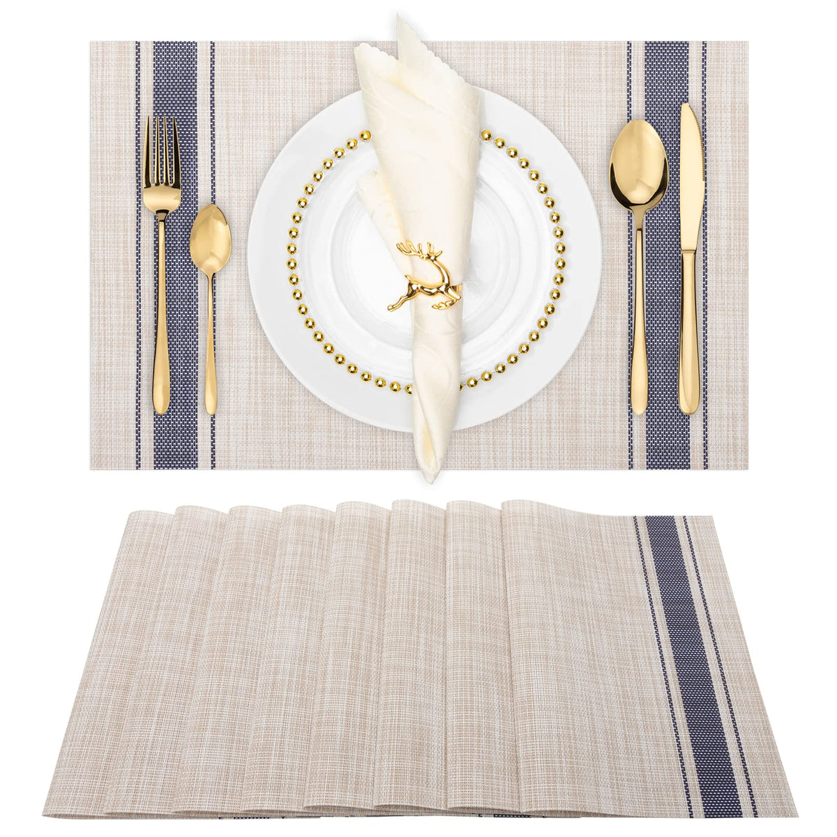 Winknowl Placemats Set of 8, Heat Resistant Non-Slip Vinyl Woven Table Mats for Dining Table, Washable Durable Elegant Place Mats for Kitchen Indoor/Outdoor Use (Beige Blue)