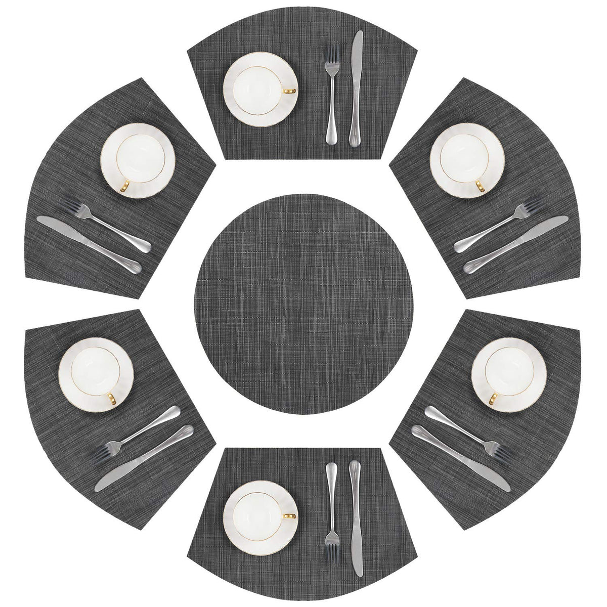 SHACOS Small Round Table Placemats Set of 5 Woven Vinyl Wedge Placemats with Centerpiece Round Table Mats Heat Resistant Wipe Clean (5, Black Gray)