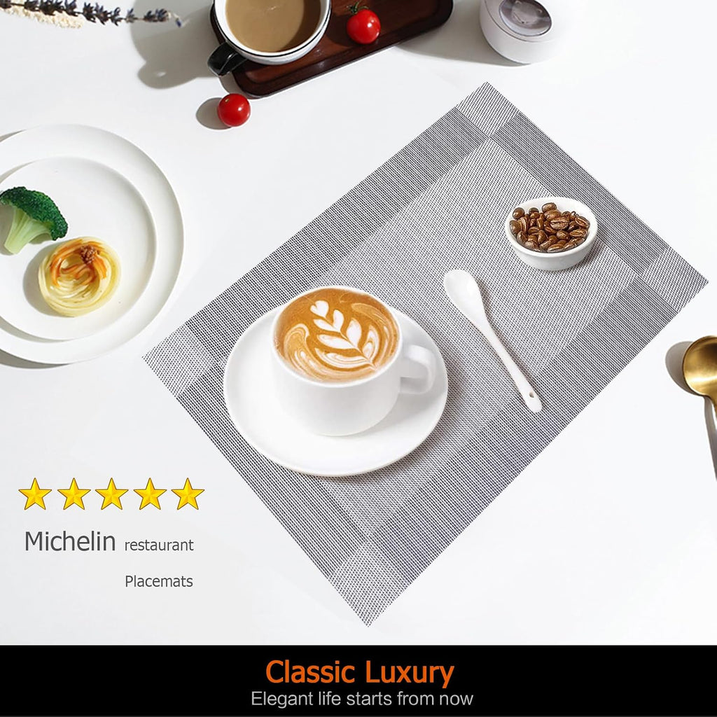 Silver Grey Vinyl Placemats Set of 6, Heat Resistant Table Placemats