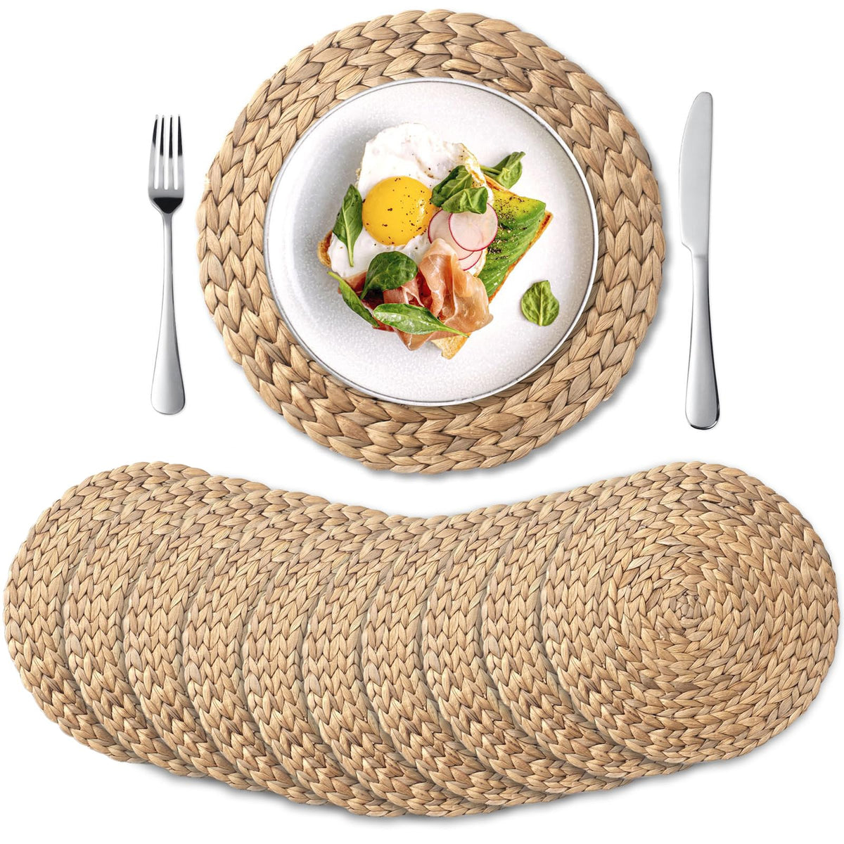 6 Pack, Round Woven Placemats, Natural Water Hyacinth Wicker Place mats, Braided Straw Table Mats, Charger Plates for Dining Table, Fall, Thanksgiving, Christmas (13.8 inch)