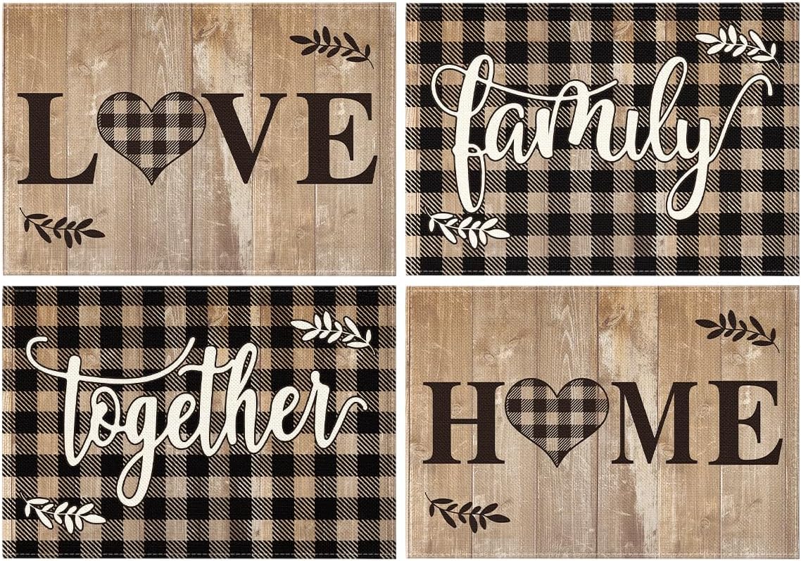Artoid Mode Wood Love Family Home Together Buffalo Plaid Placemats Set of 4, 12x18 Inch Farmhouse Table Mats Party Kitchen Dining Decoration