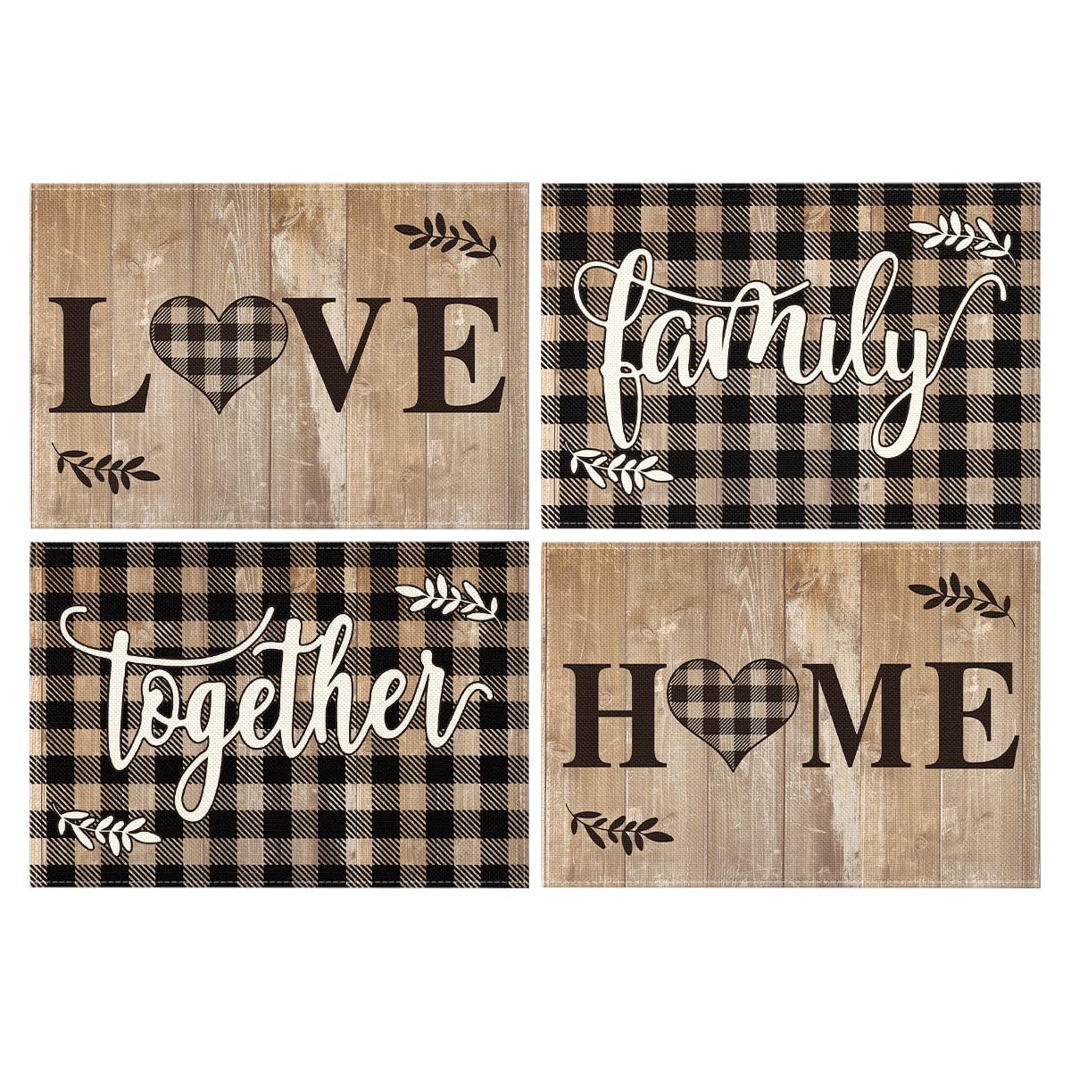 Artoid Mode Wood Love Family Home Together Buffalo Plaid Placemats Set of 4, 12x18 Inch Farmhouse Table Mats Party Kitchen Dining Decoration