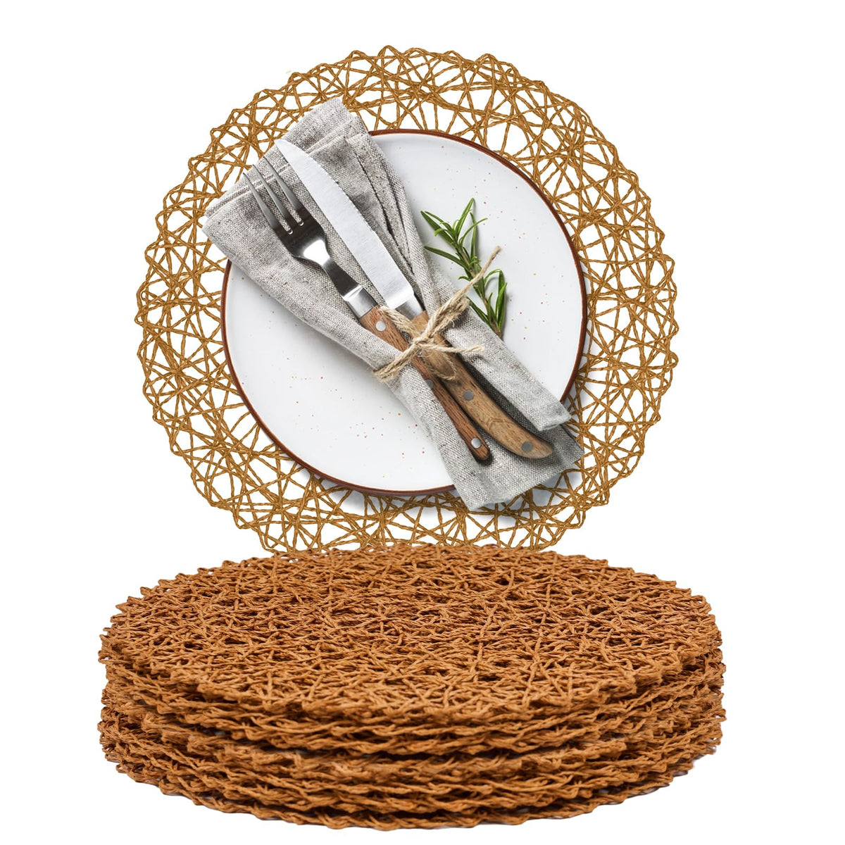AHHFSMEI Paper Braided Round Placemats Set of 8 Natural Non-Slip Heat Resistant Table Mats for Dining Tables Woven Indoor & Outdoor Place mats(Coffee,8)